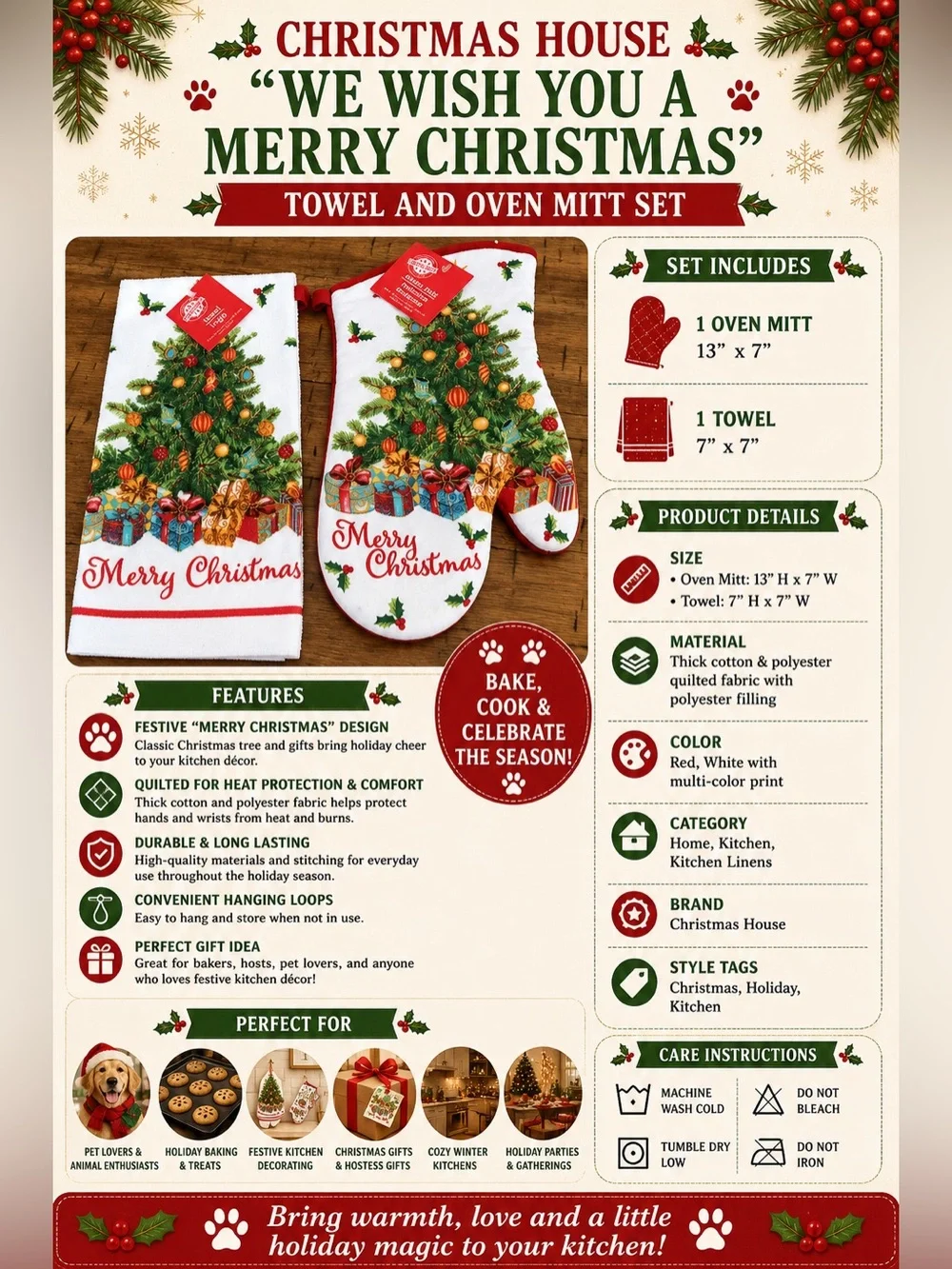 Christmas House “We Wish You A Merry Christmas” Towel and Oven Mitt
